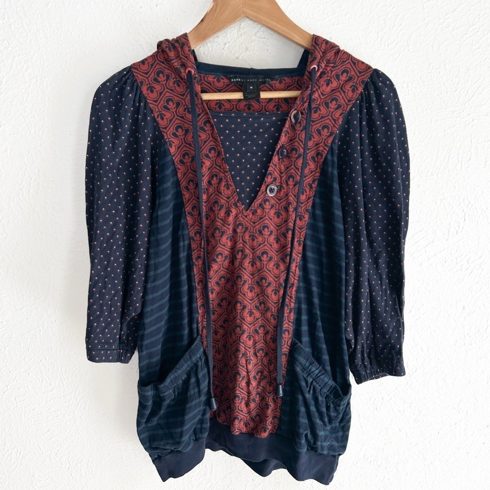Y2K Marc by Marc Jacobs Mixed Print Hoodie Top Navy Red Small